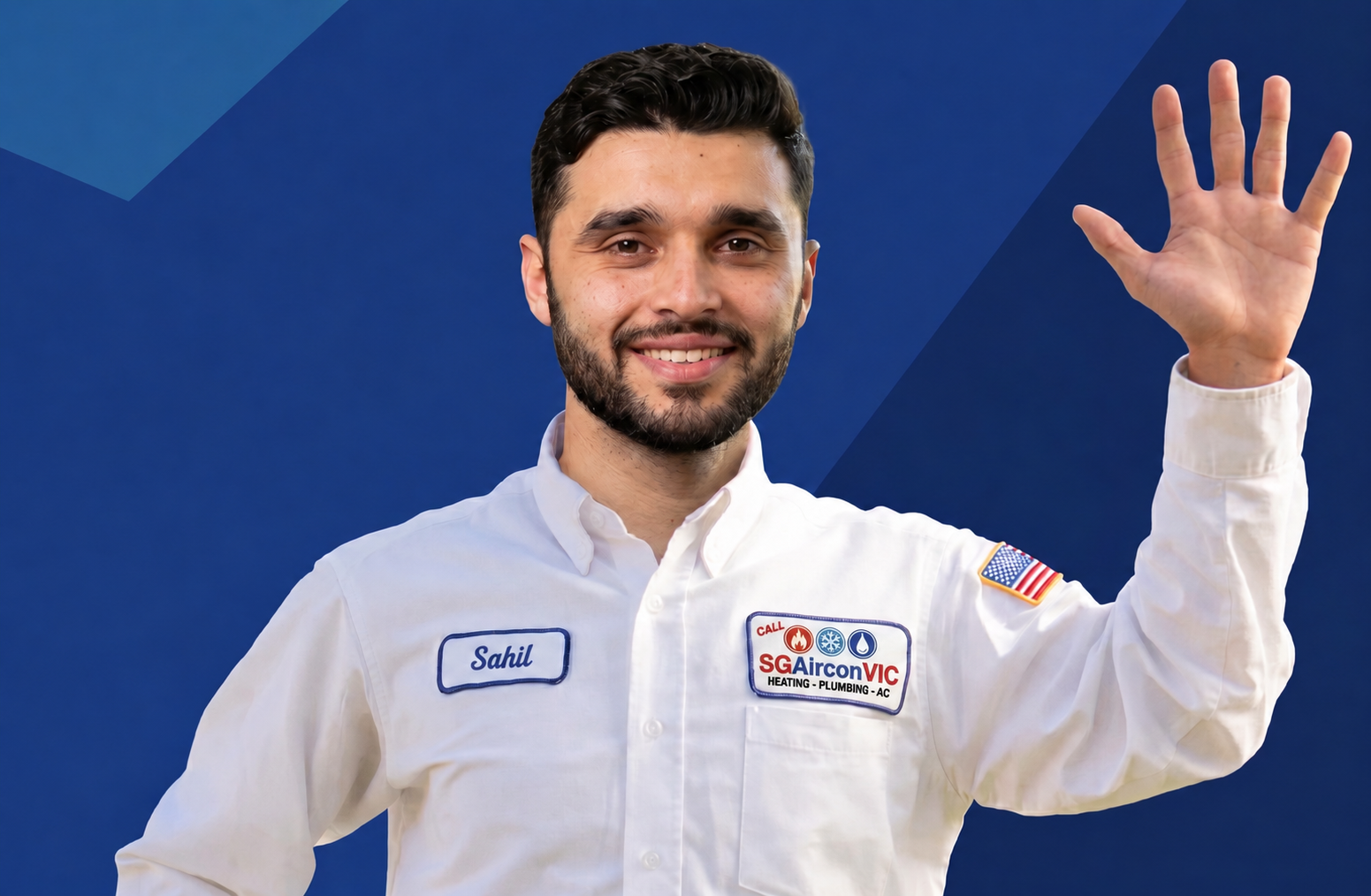 Sahil from SG Aircon smiling and waving in uniform