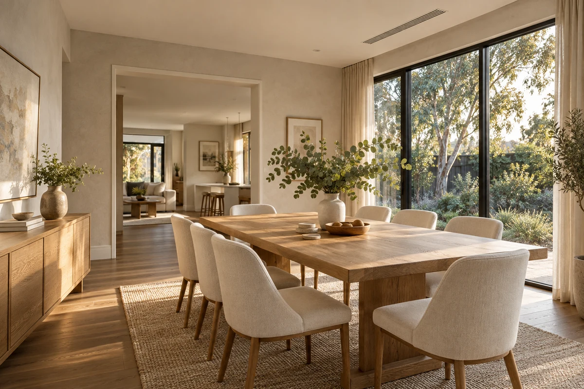Illustrative sunlit dining room with a discreet ceiling grille for whole-home ducted heating