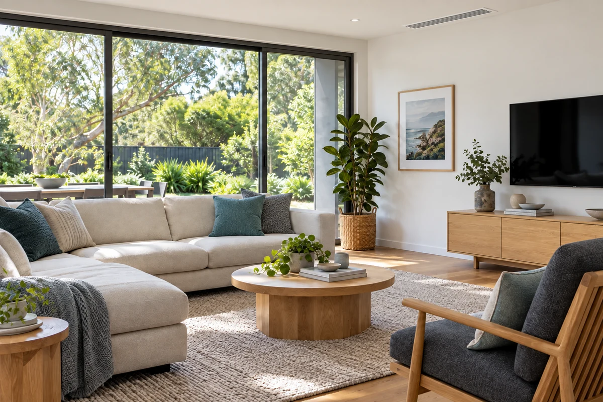 Illustrative home interior with discreet ceiling outlets for ducted air conditioning